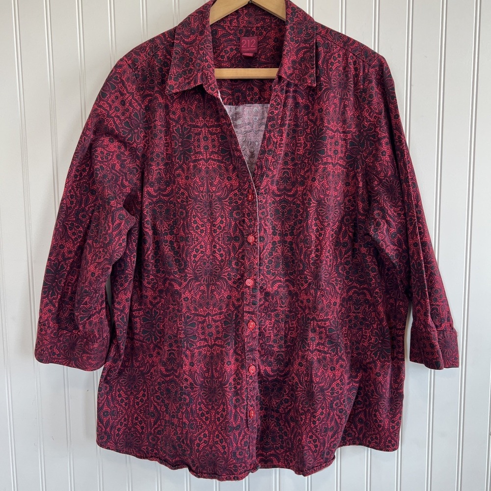 212 Collection Women Red Black Button Down 2X Floral Lace Print Gothic Cosplay
